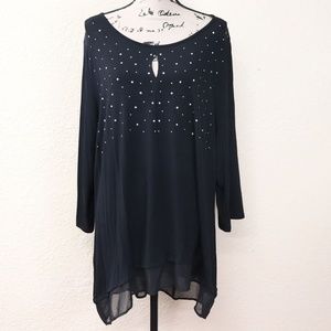 Belldini Top Black Sheer Hem Silver Rhinestones